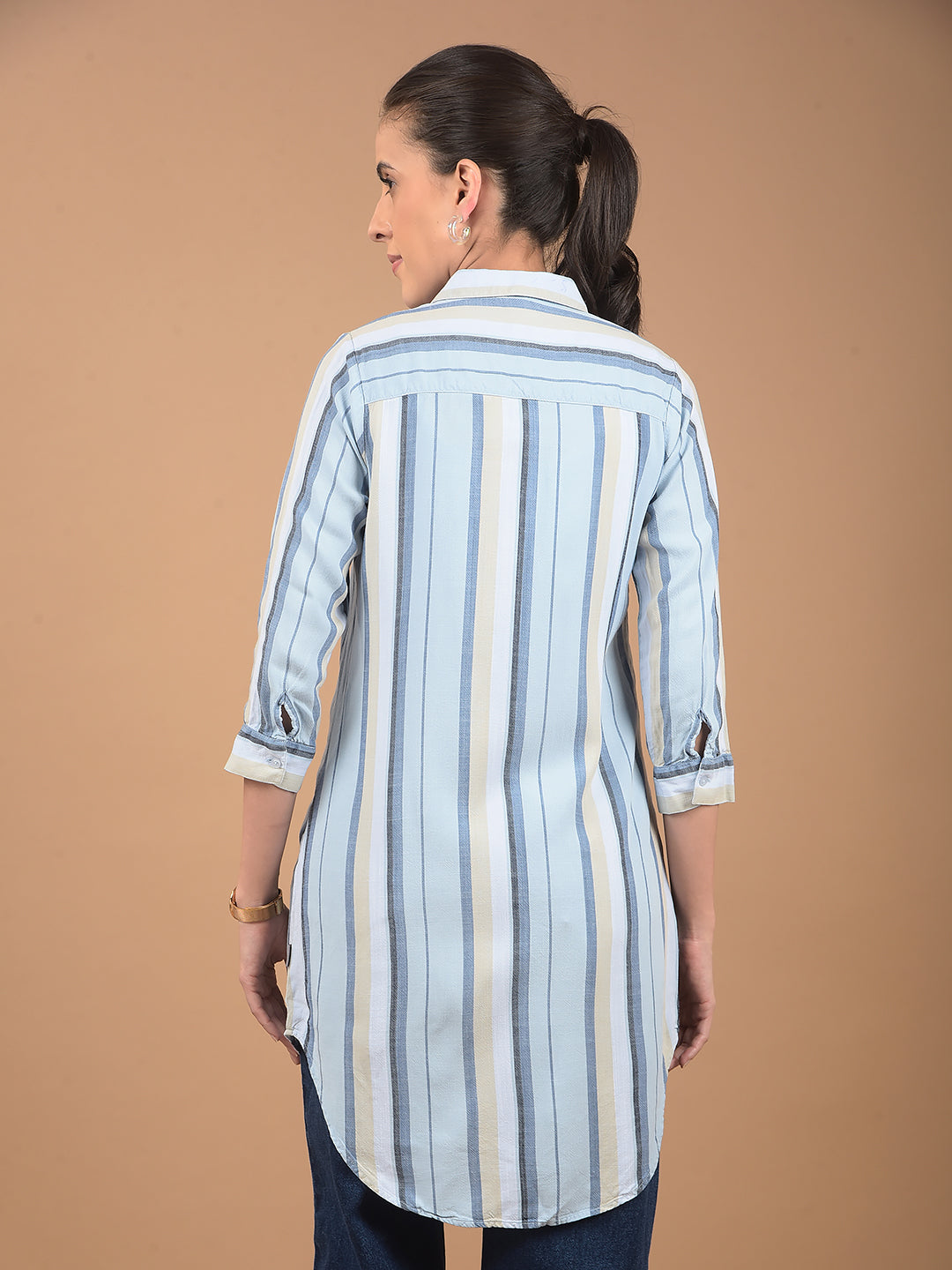 Blue Vertical Stripes Long-Length Shirt