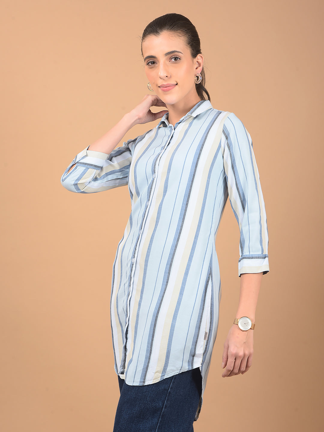 Blue Vertical Stripes Long-Length Shirt