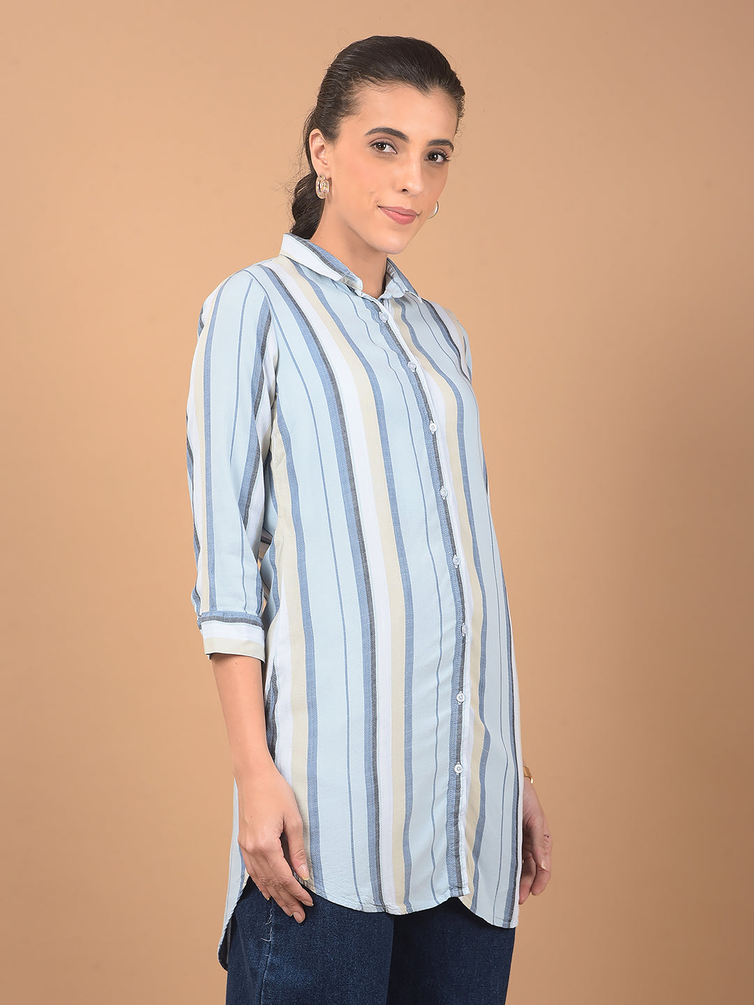 Blue Vertical Stripes Long-Length Shirt