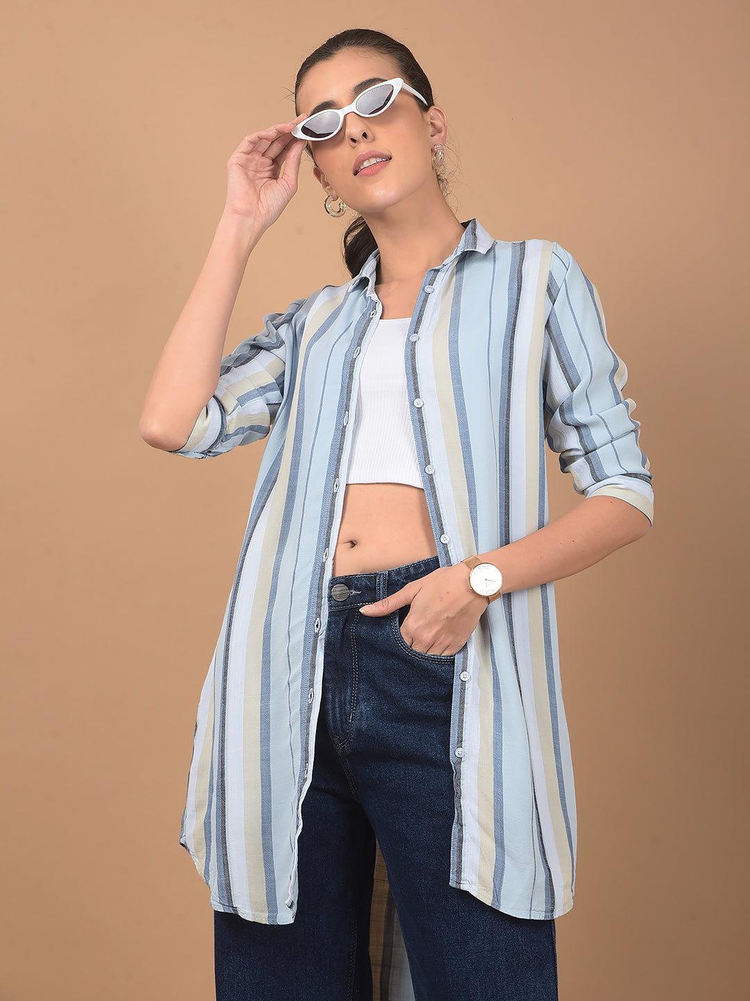 Blue Vertical Stripes Long-Length Shirt