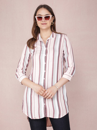 Peach Vertical Stripes Long Shirt-Women Shirts-Crimsoune Club