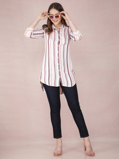 Peach Vertical Stripes Long Shirt-Women Shirts-Crimsoune Club