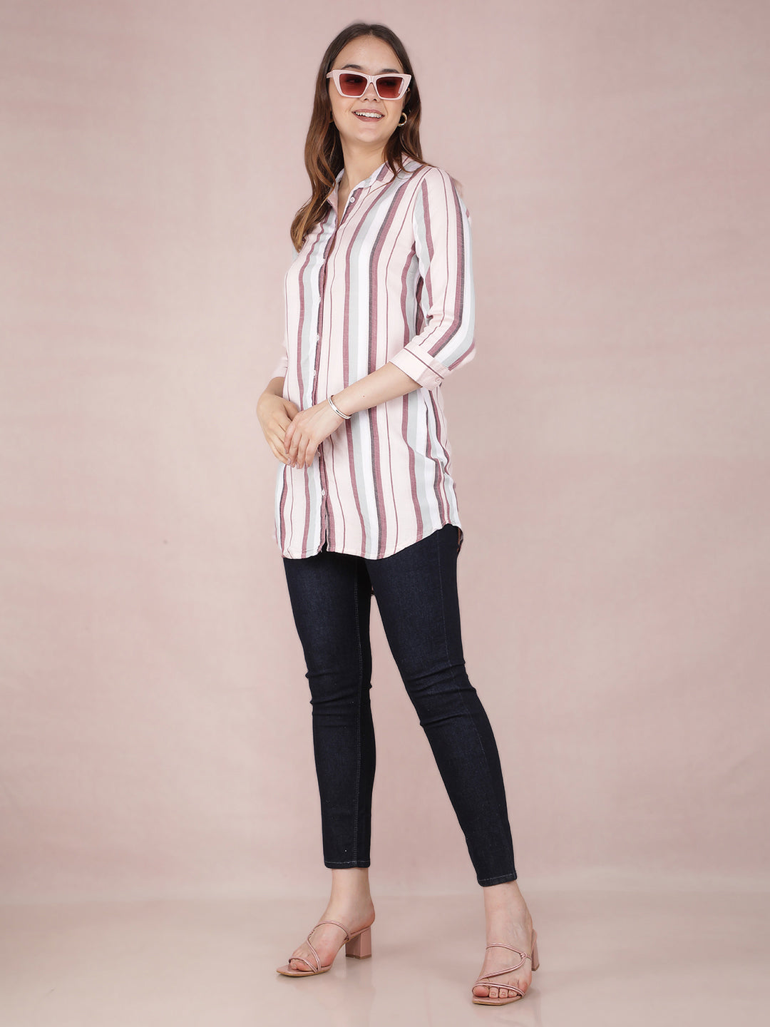 Peach Vertical Stripes Long Shirt-Women Shirts-Crimsoune Club