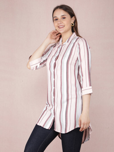 Peach Vertical Stripes Long Shirt-Women Shirts-Crimsoune Club