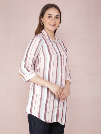 Peach Vertical Stripes Long Shirt-Women Shirts-Crimsoune Club