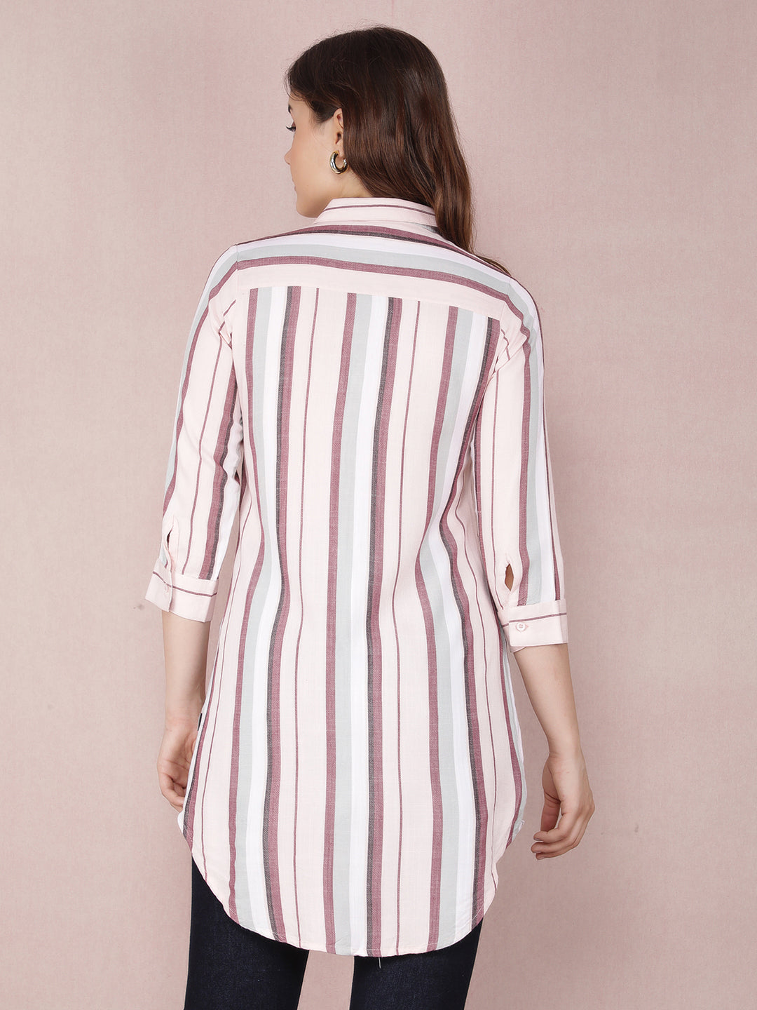 Peach Vertical Stripes Long Shirt-Women Shirts-Crimsoune Club