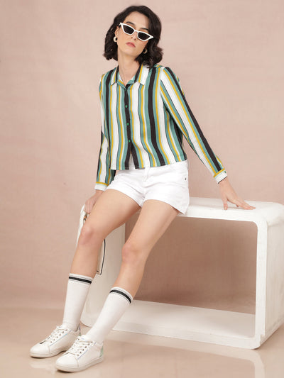 Multi-Color Vertical Stripes Crop Length Shirt-Women Shirts-Crimsoune Club