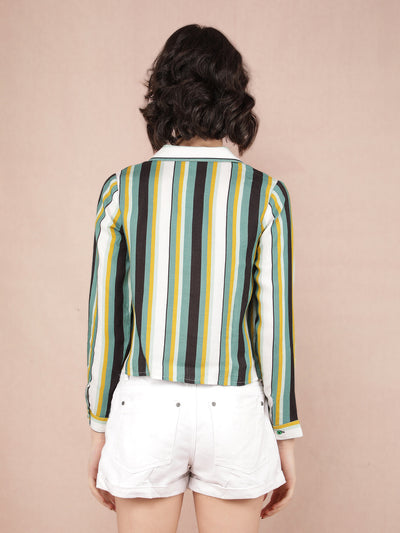 Multi-Color Vertical Stripes Crop Length Shirt-Women Shirts-Crimsoune Club