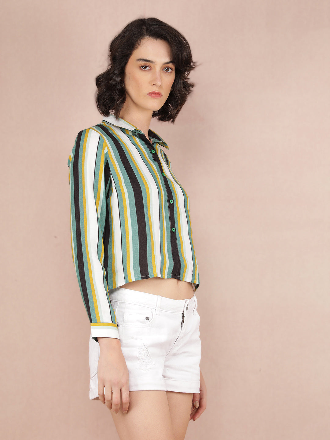 Multi-Color Vertical Stripes Crop Length Shirt-Women Shirts-Crimsoune Club