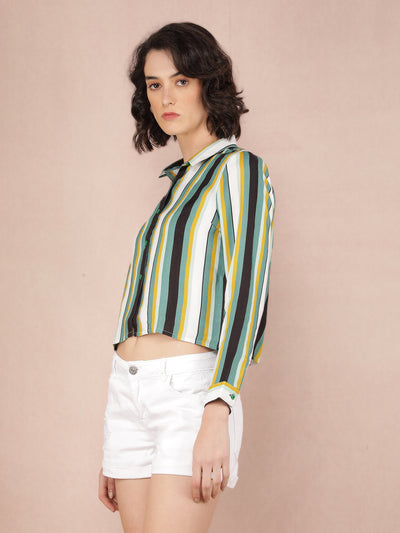 Multi-Color Vertical Stripes Crop Length Shirt-Women Shirts-Crimsoune Club