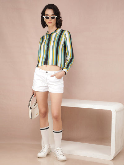 Multi-Color Vertical Stripes Crop Length Shirt-Women Shirts-Crimsoune Club