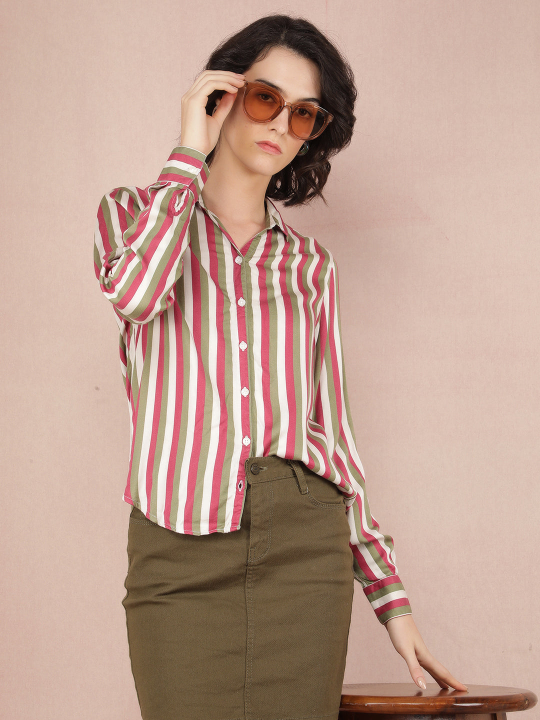 Multi-Color Vertical Stripes Shirt-Women Shirts-Crimsoune Club