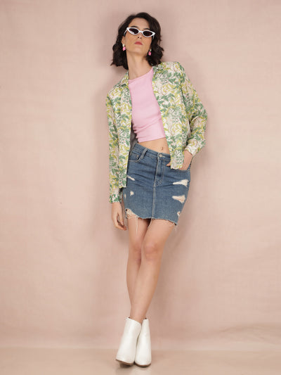 Green Floral Print Shirt-Women Shirts-Crimsoune Club