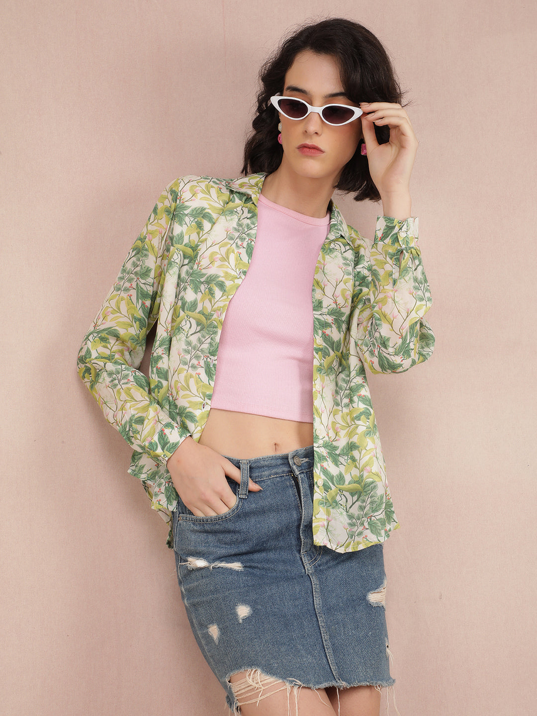 Green Floral Print Shirt-Women Shirts-Crimsoune Club