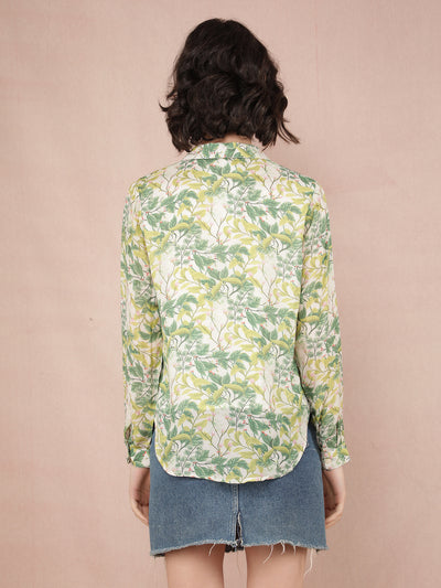 Green Floral Print Shirt-Women Shirts-Crimsoune Club