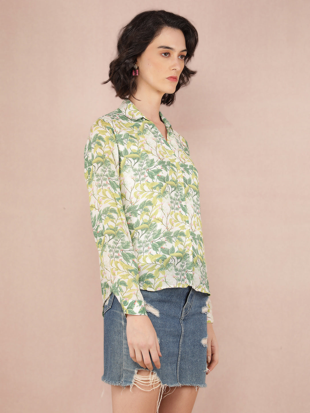 Green Floral Print Shirt-Women Shirts-Crimsoune Club