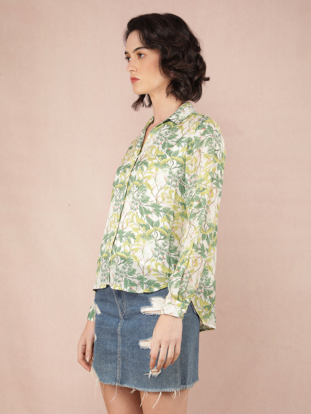 Green Floral Print Shirt-Women Shirts-Crimsoune Club