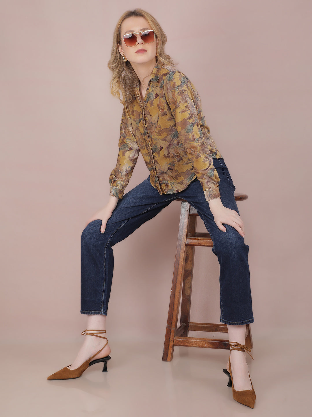 Yellow Floral Print Shirt-Women Shirts-Crimsoune Club