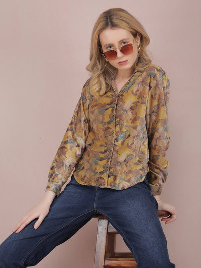 Yellow Floral Print Shirt-Women Shirts-Crimsoune Club