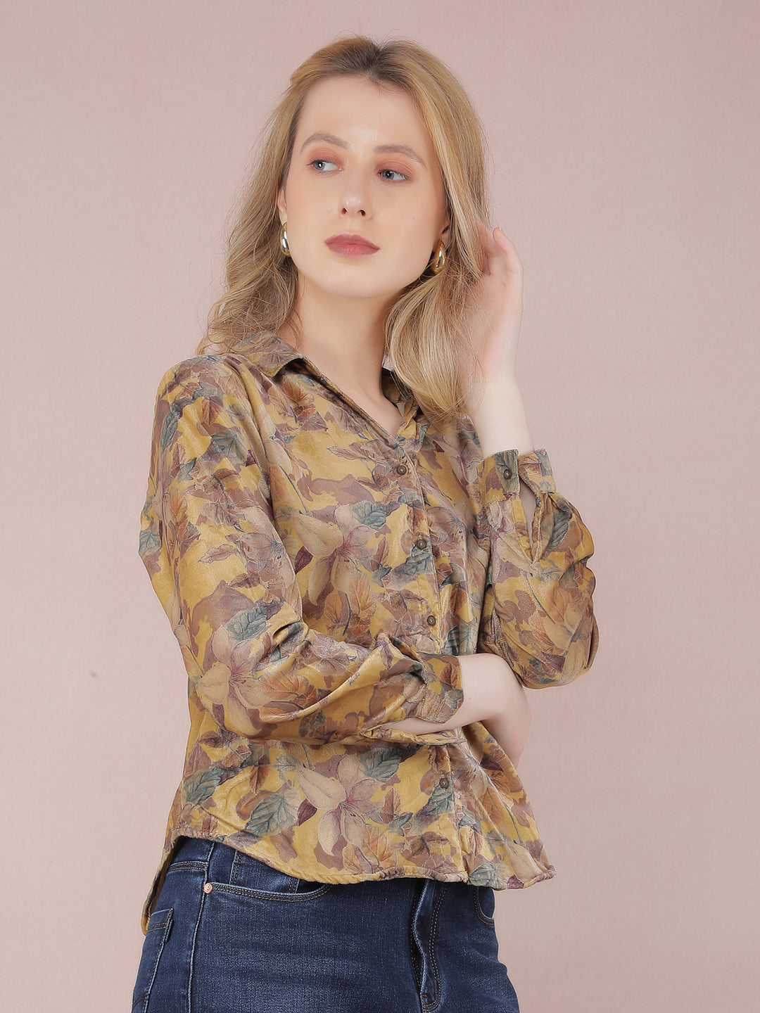 Yellow Floral Print Shirt-Women Shirts-Crimsoune Club