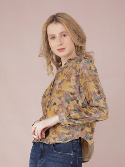 Yellow Floral Print Shirt-Women Shirts-Crimsoune Club