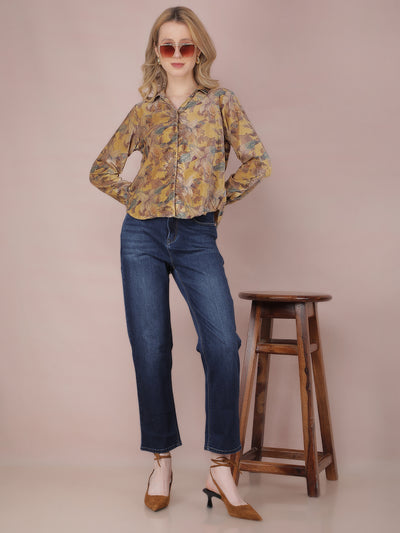 Yellow Floral Print Shirt-Women Shirts-Crimsoune Club