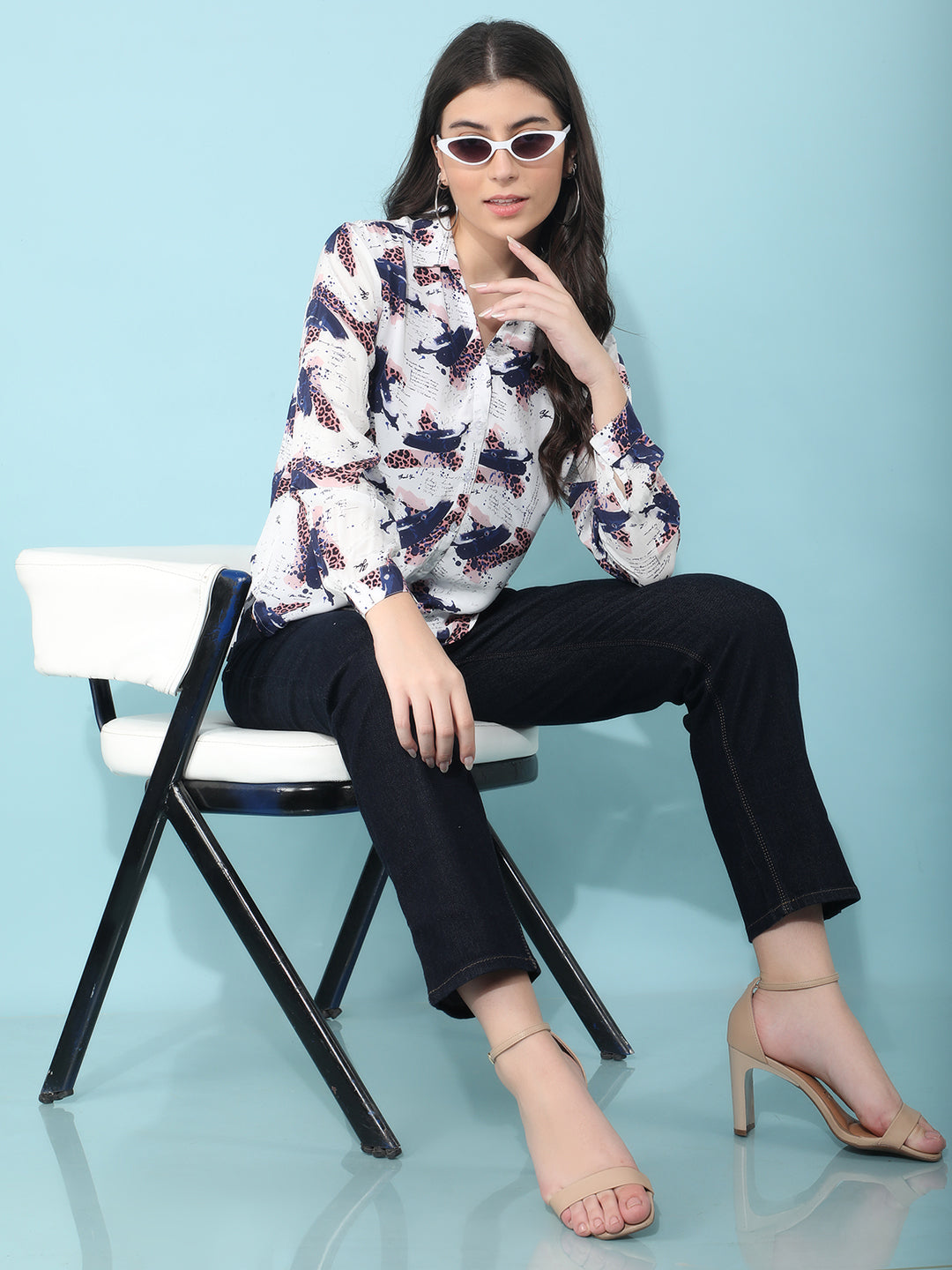 Navy Blue Printed Shirt-Women Shirts-Crimsoune Club