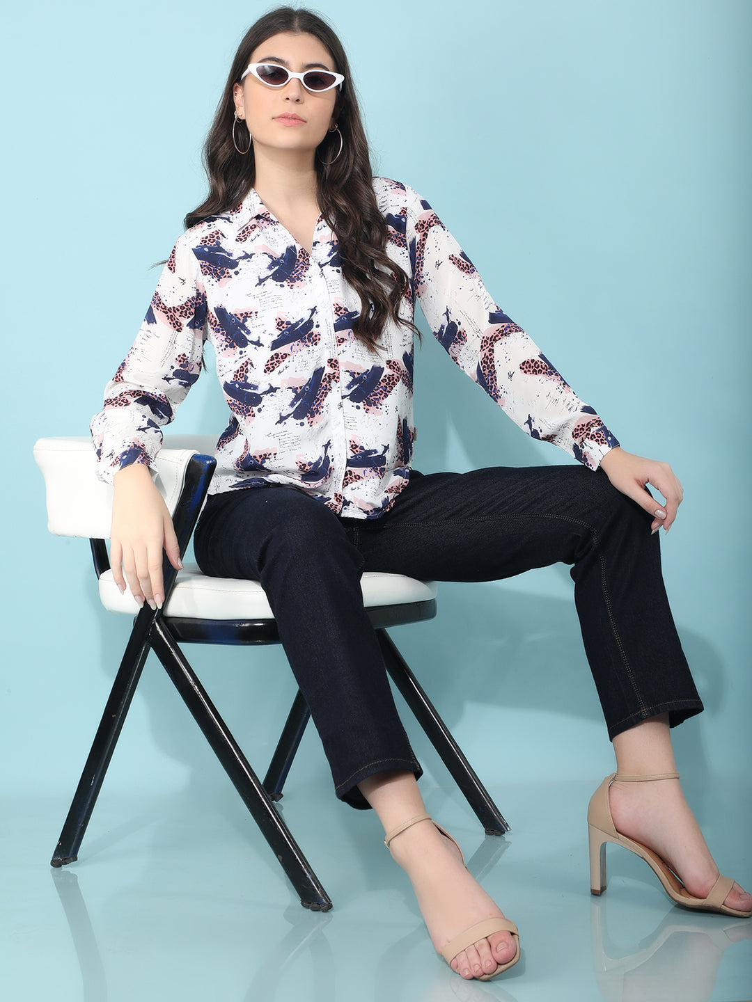 Navy Blue Printed Shirt-Women Shirts-Crimsoune Club