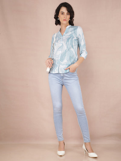 Blue Abstract Print Shirt-Women Shirts-Crimsoune Club