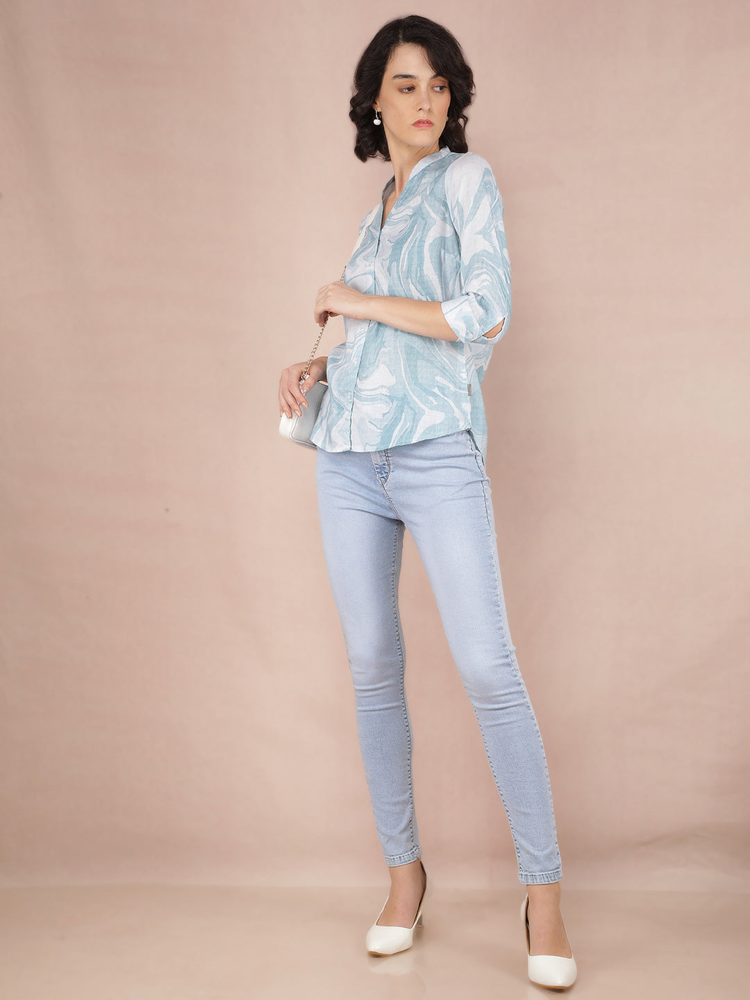 Blue Abstract Print Shirt-Women Shirts-Crimsoune Club