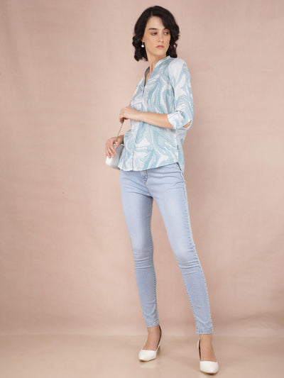 Blue Abstract Print Shirt-Women Shirts-Crimsoune Club