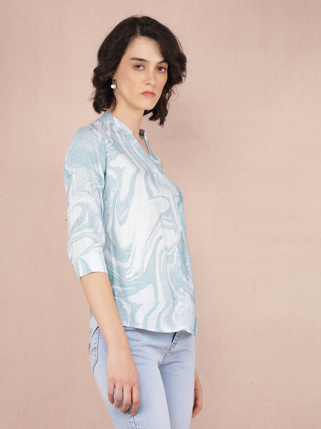 Blue Abstract Print Shirt-Women Shirts-Crimsoune Club