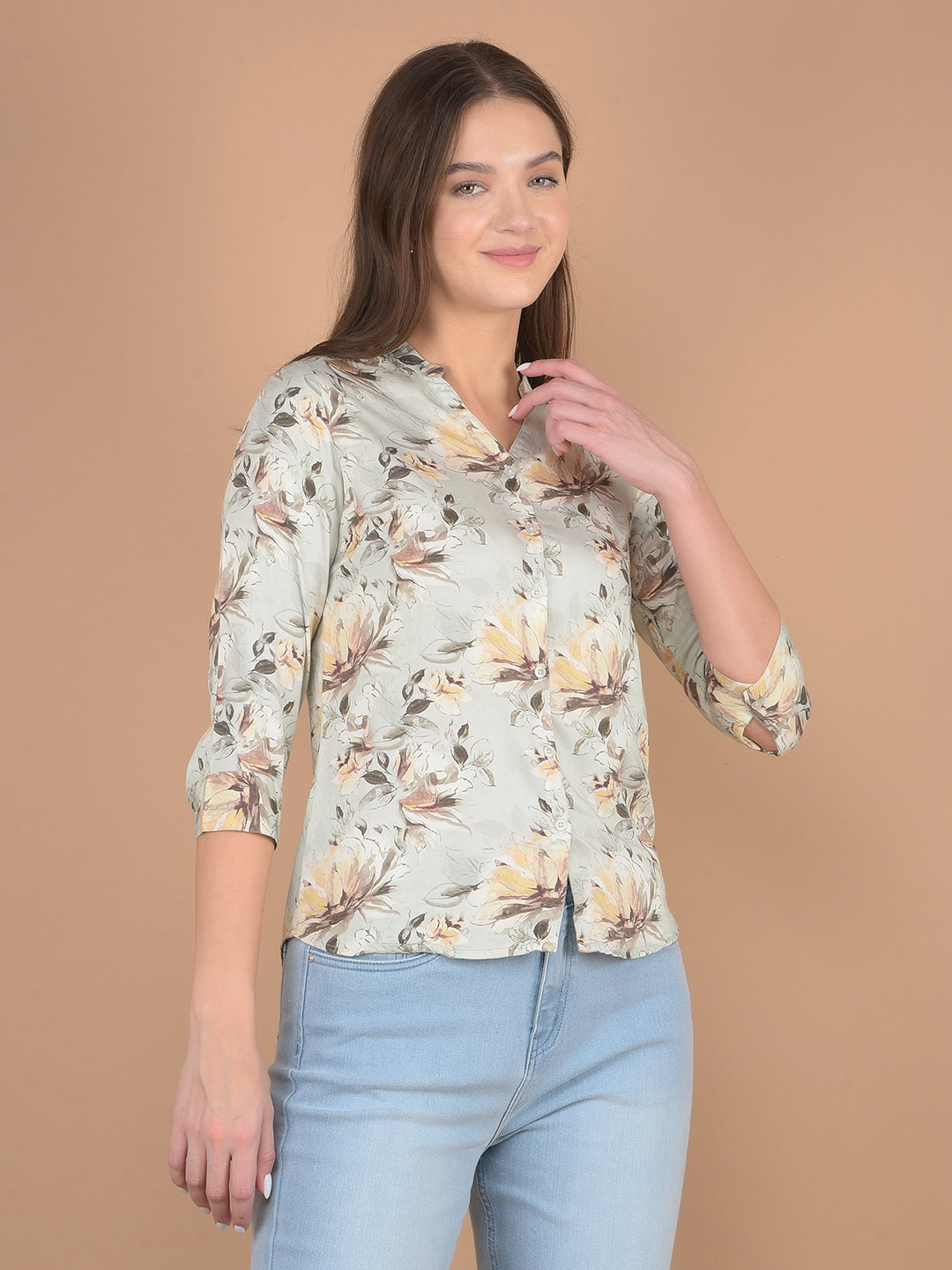 Multi-Color Floral Print V-Neck Shirt-Women Shirts-Crimsoune Club