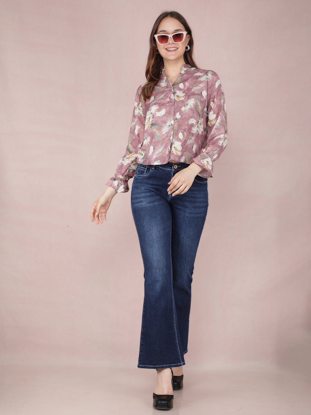 Pink Floral Print Shirt-Women Shirts-Crimsoune Club