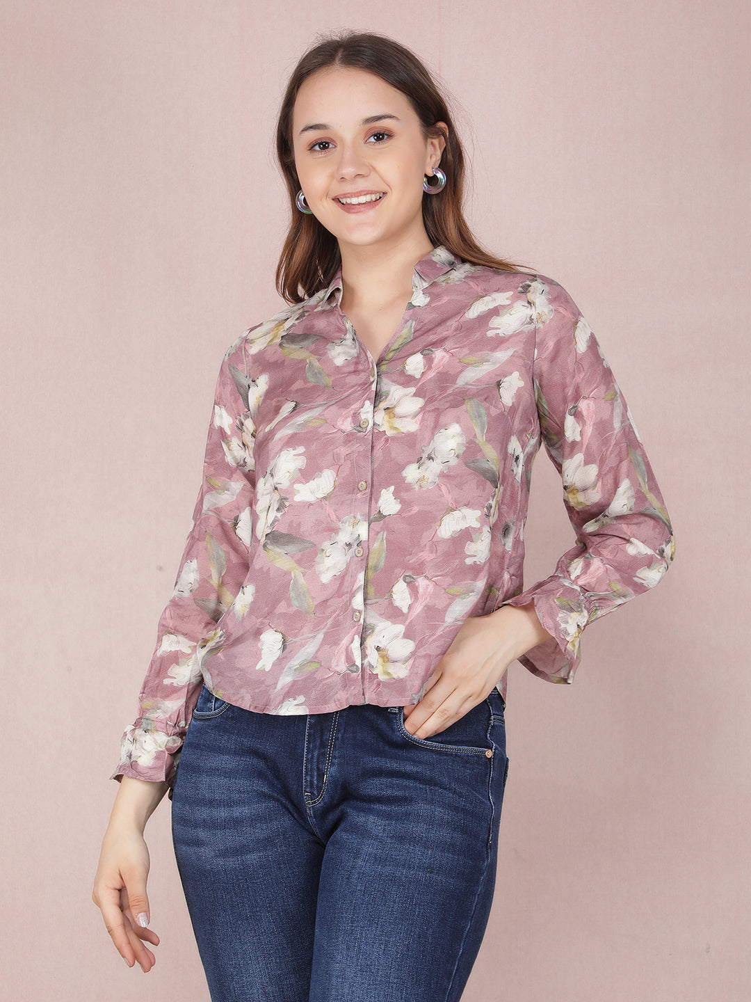 Pink Floral Print Shirt-Women Shirts-Crimsoune Club