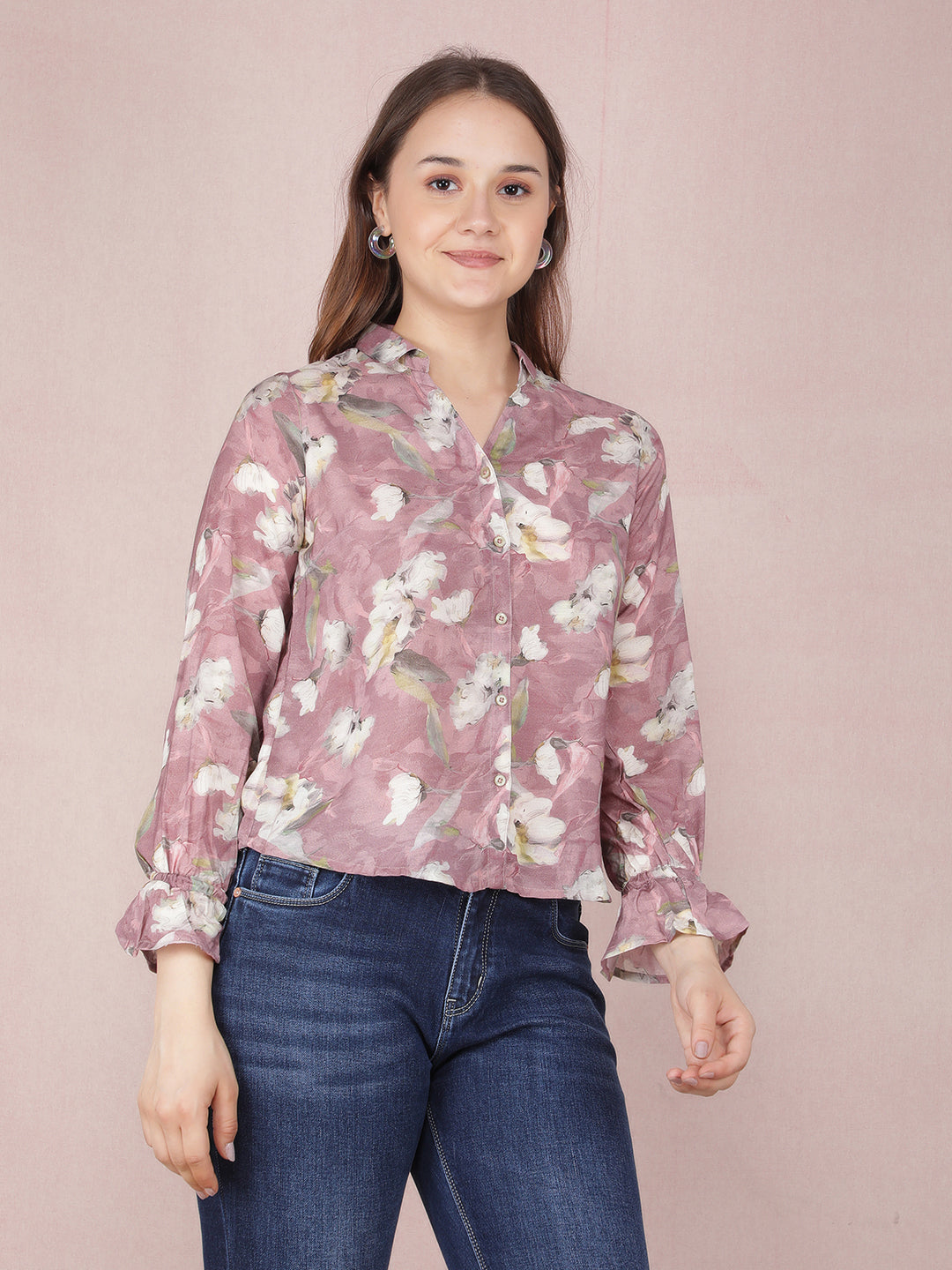 Pink Floral Print Shirt-Women Shirts-Crimsoune Club