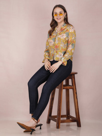 Mustard Floral Print Shirt-Women Shirts-Crimsoune Club