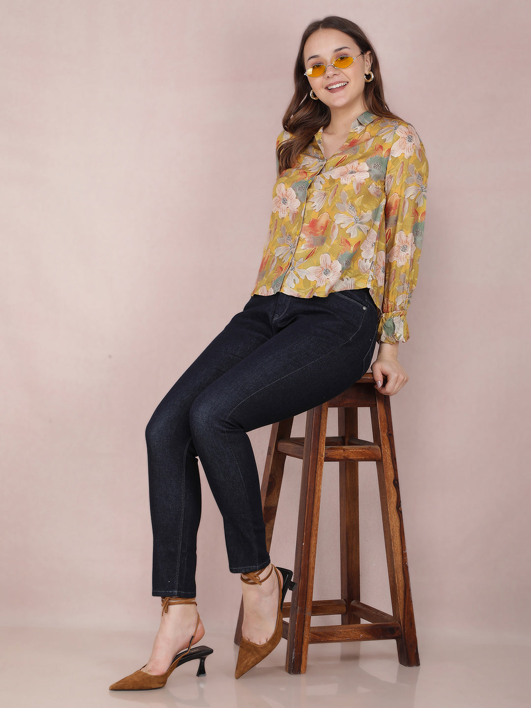 Mustard Floral Print Shirt-Women Shirts-Crimsoune Club