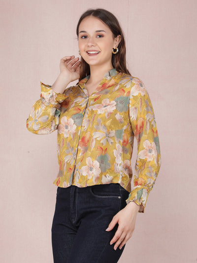 Mustard Floral Print Shirt-Women Shirts-Crimsoune Club