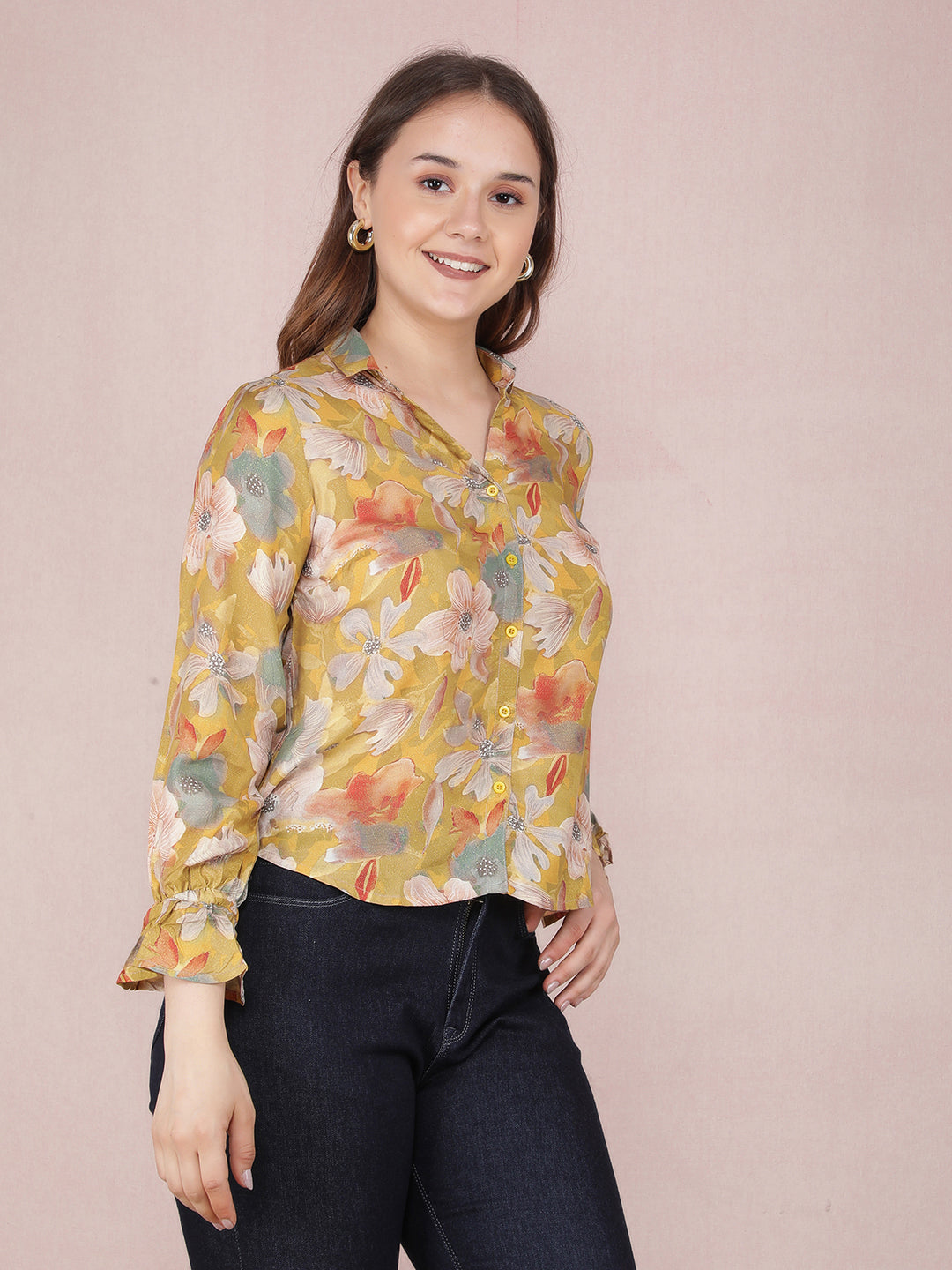 Mustard Floral Print Shirt-Women Shirts-Crimsoune Club