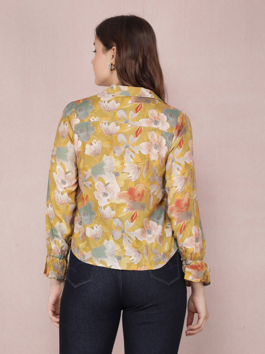 Mustard Floral Print Shirt-Women Shirts-Crimsoune Club