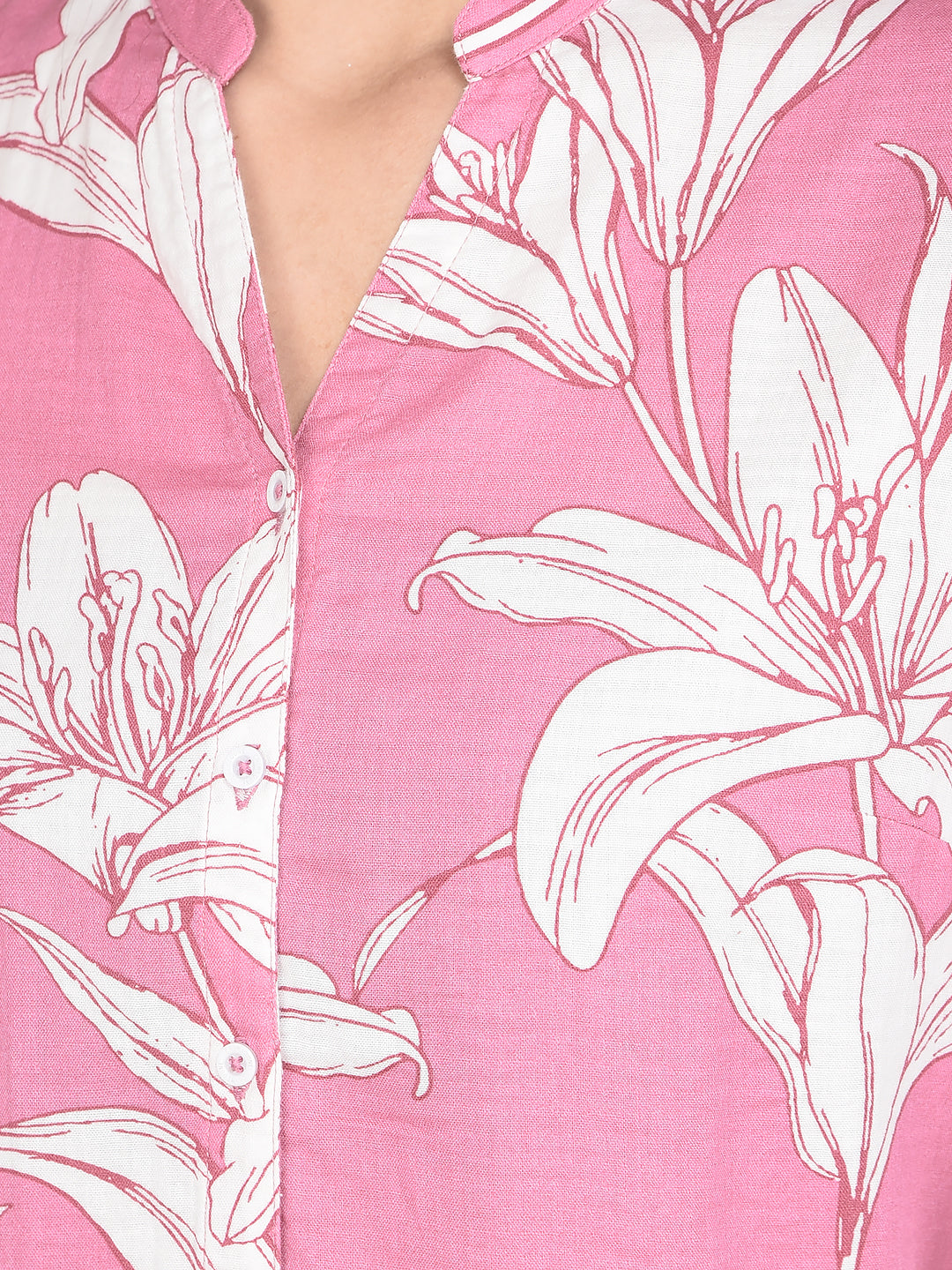 Pink Floral Print 100% Cotton V-Neck Shirt