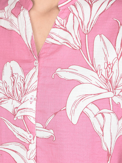 Pink Floral Print 100% Cotton V-Neck Shirt