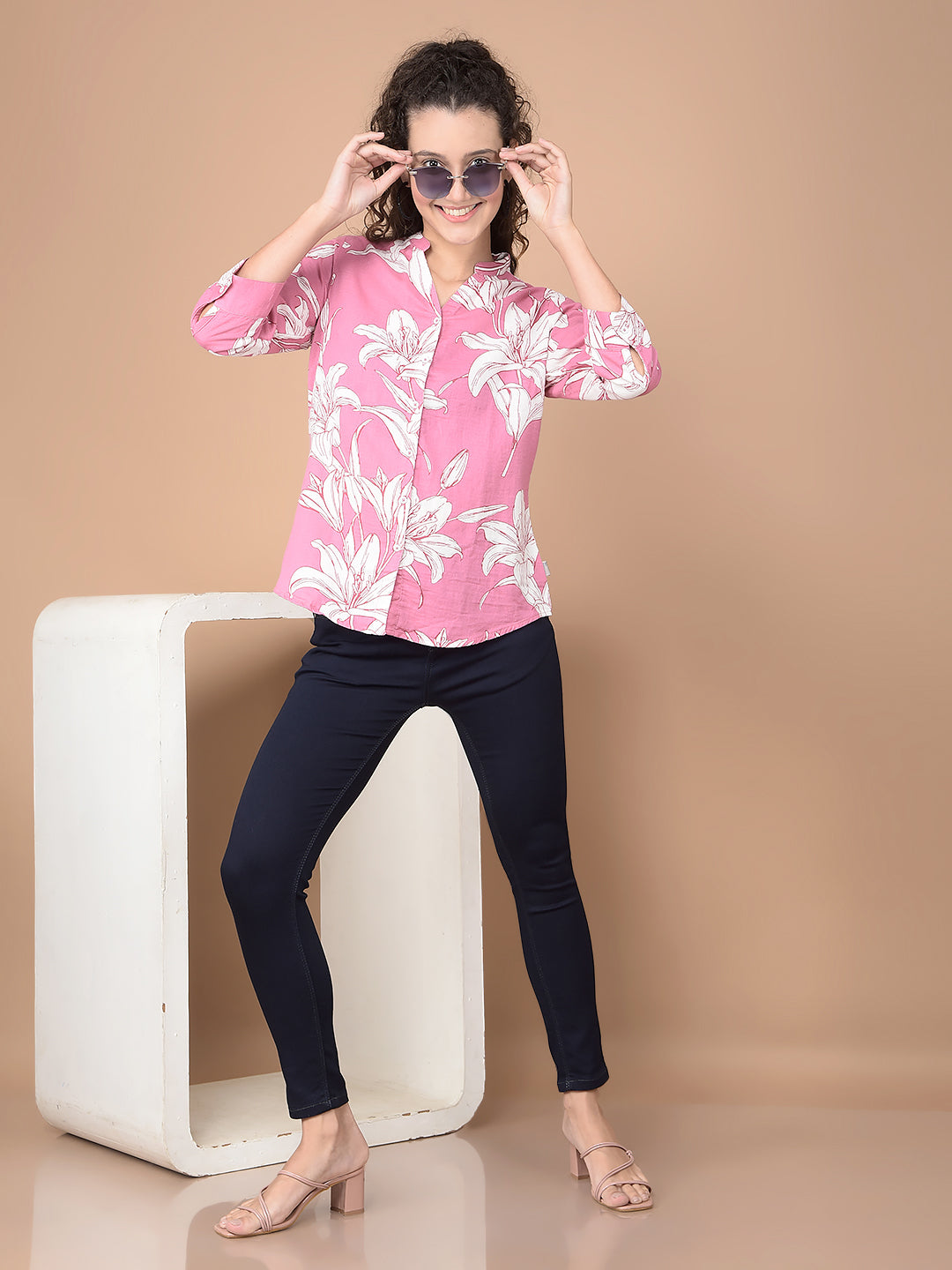 Pink Floral Print 100% Cotton V-Neck Shirt