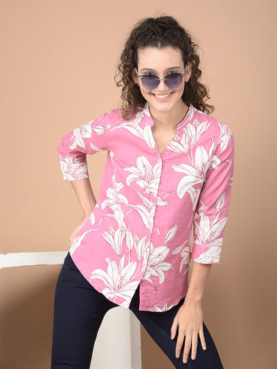 Pink Floral Print 100% Cotton V-Neck Shirt