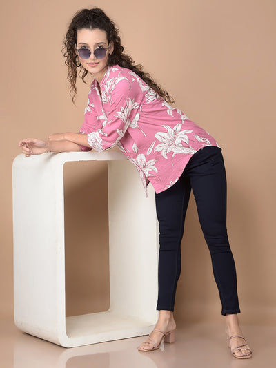 Pink Floral Print 100% Cotton V-Neck Shirt