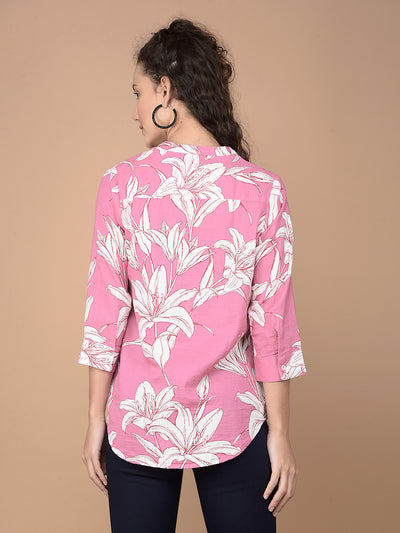 Pink Floral Print 100% Cotton V-Neck Shirt