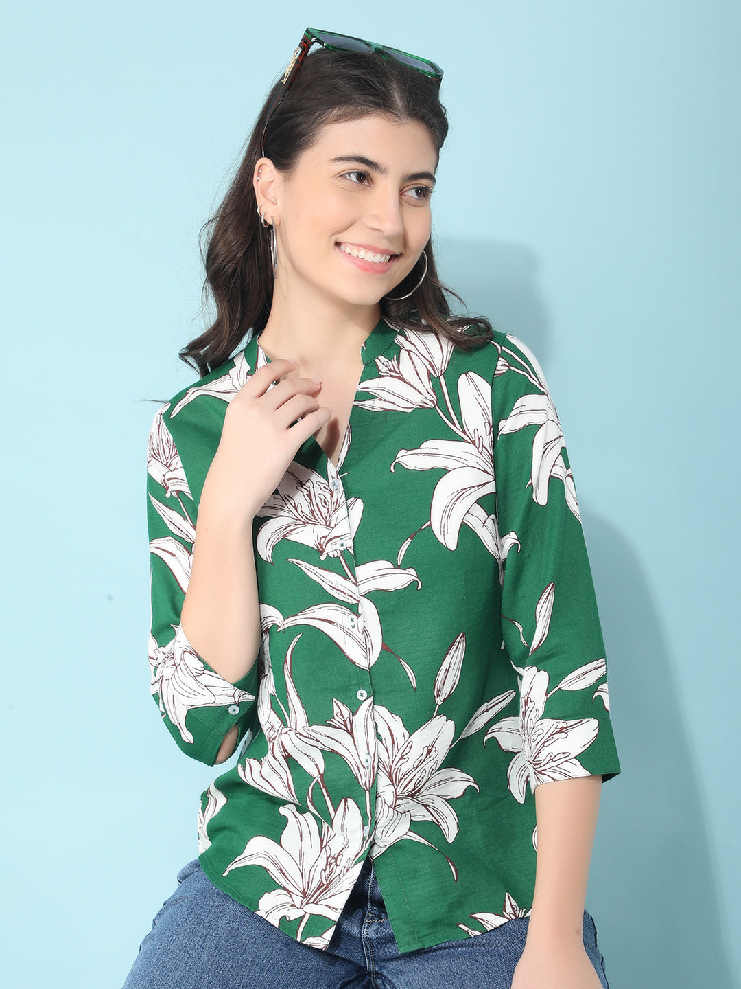 Green 100% Cotton Floral Print Shirt-Women Shirts-Crimsoune Club