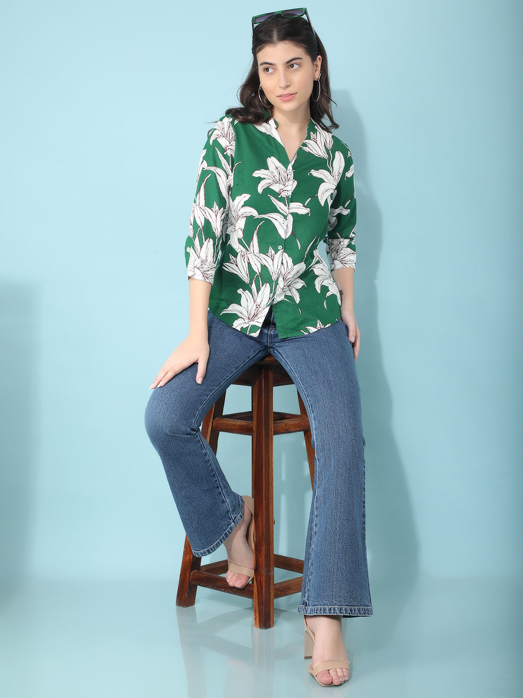 Green 100% Cotton Floral Print Shirt-Women Shirts-Crimsoune Club