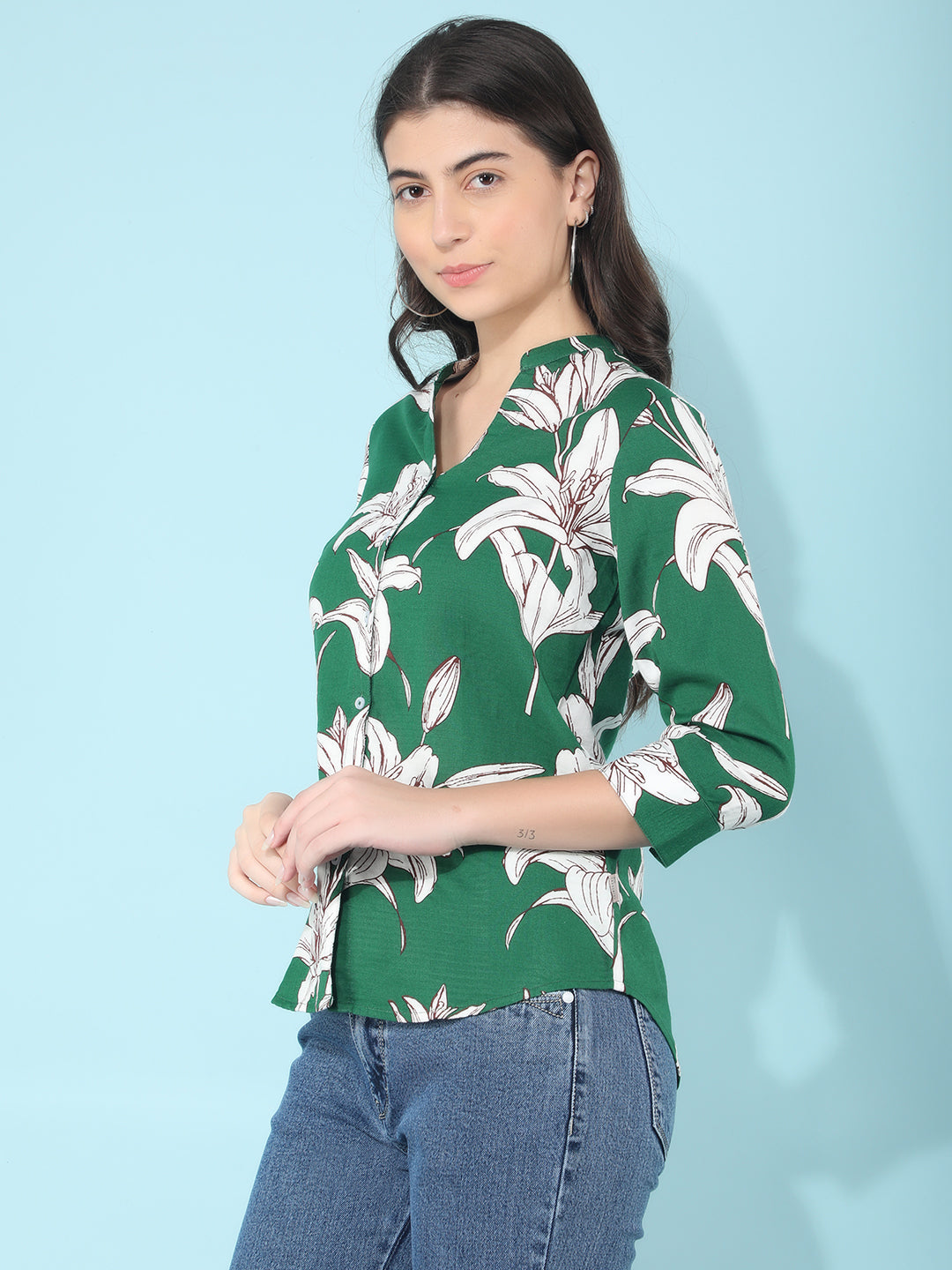 Green 100% Cotton Floral Print Shirt-Women Shirts-Crimsoune Club